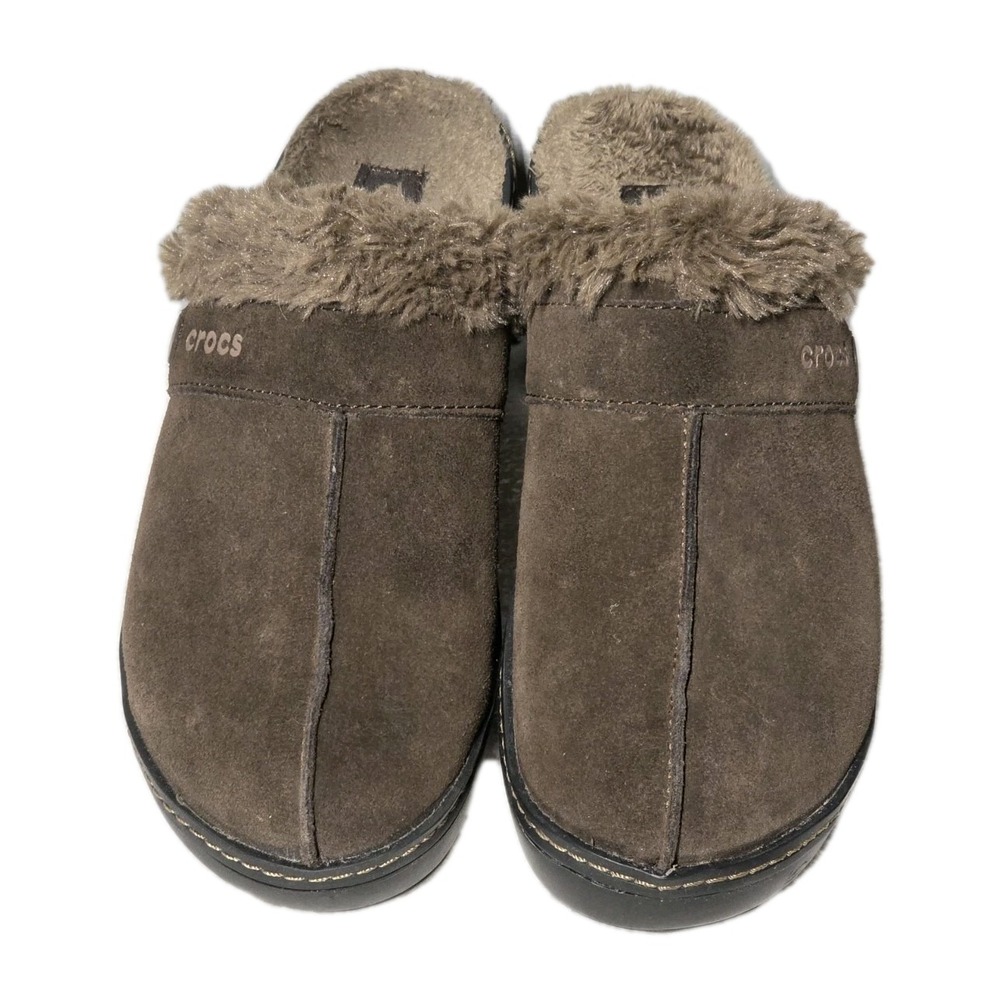 Crocs Cobbler Eva  Womens Size 6 Clogs Brown Suede Faux Fur Wedge Heel Mule - Picture 2 of 6